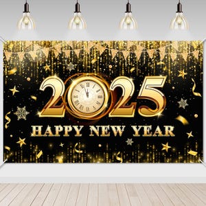 Happy New Year Banner 2025, New Year&#39;s Eve Backdrop Glitter Clock New Year Party Backdrop Vinyl Photography Background Black and Gold