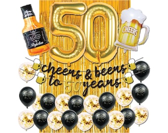 Cheers and Beers to 50 Years Balloons Decorations Black and Gold 50th Birthday Party Backdrop Banner Number 50 Balloon Beer Foil Balloon