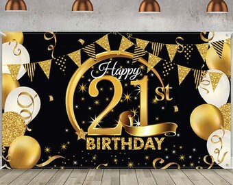 21st Birthday Banner Backdrop Decorations for Women Black and Gold Happy 21 Year Old Birthday Decor Photo Booth Props 21st Party Supplies