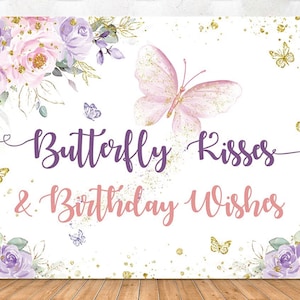 Butterfly Birthday Backdrop, Butterfly Kisses Birthday Wishes Photo Background, Purple Butterflies Girl Birthday Party Banner Backdrops