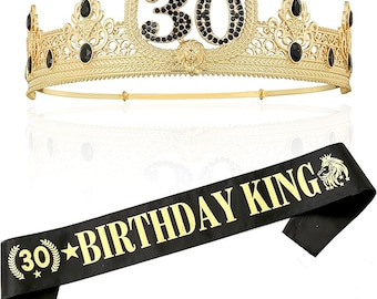 30th Birthday Sash and Tiara for Men, 30th Birthday King Sash Crown, Gold 30th Sash and Tiara, Gold Sash and Crown, Black and Gold