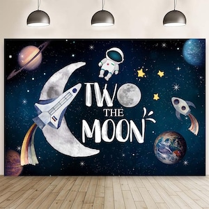 Two The Moon Birthday Backdrop, Outer Space Boy Girl 2nd Birthday Banner, Night Sky Gold Hanging Stars Planet Galaxy Photo Background