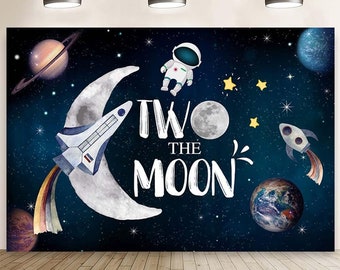 Two The Moon Birthday Backdrop, Outer Space Boy Girl 2nd Birthday Banner, Night Sky Gold Hanging Stars Planet Galaxy Photo Background
