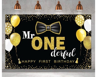 Mr ONEderful Backdrop Boys Black and Gold 1st Birthday Vinyl Photo Background Black Gold Little Man Birthday Banner Backdrops