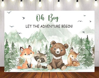 Adventure Baby Shower Backdrop, Woodland Animals Let The Adventure Begin Pine Tree Mountain Forest Woodland Baby Shower Banner Backdrop