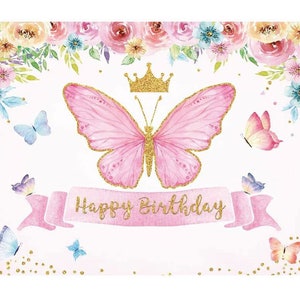 Butterfly Birthday Backdrop Girl Floral Butterfly Birthday Photo Background Pink and Gold Floral Butterfly Birthday Banner Backdrops