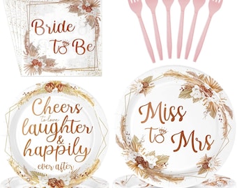 Boho Bridal Shower Plates, Napkins, Forks Disposable Tableware Serves 24, Bohemian Miss to Mrs Bachelorette Party Dinnerware