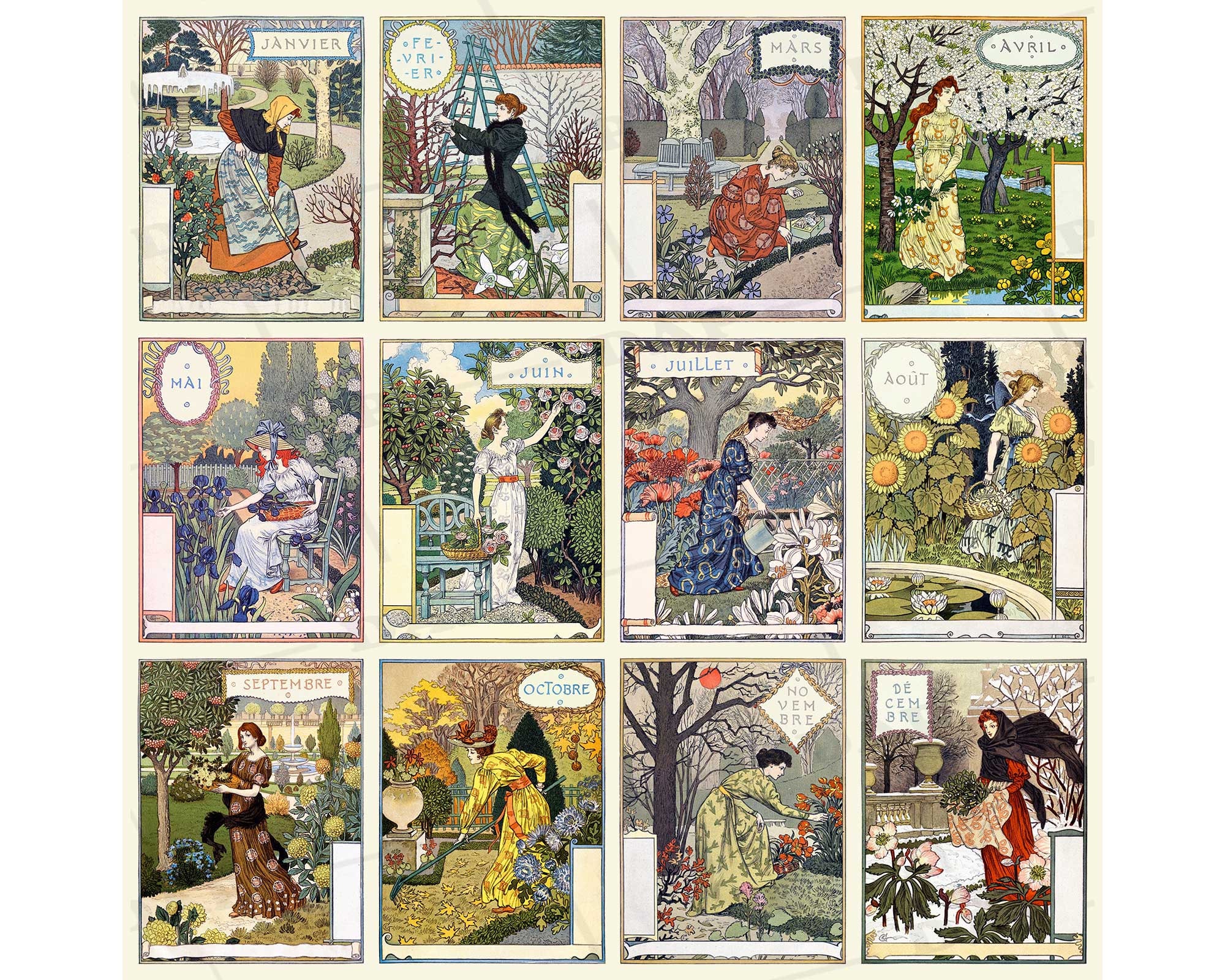 Art Nouveau wall decor - 12 months of the year -  Eugene Grasset - anniversary - wedding idea