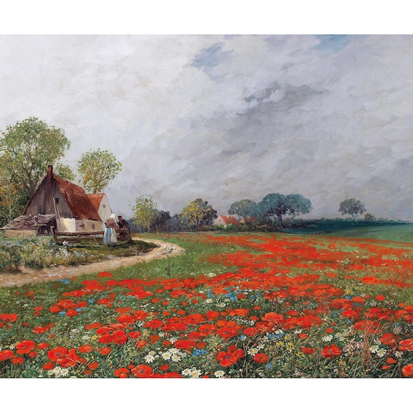 Poppy Field with Daisies - Adolf Kaufman - vintage art - Austrian landscape artist - beautiful meadow print - ready to frame