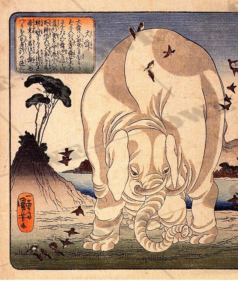 Utagawa Kuniyoshi Japanese artist Woodblock print of a Farmer with Elephants /'Thaishun with Elephants/' 1840s Asian art