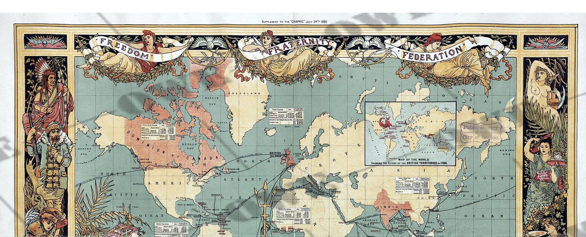 1886 年のイギリス帝国の範囲を示す帝国連邦世界地図のポスター