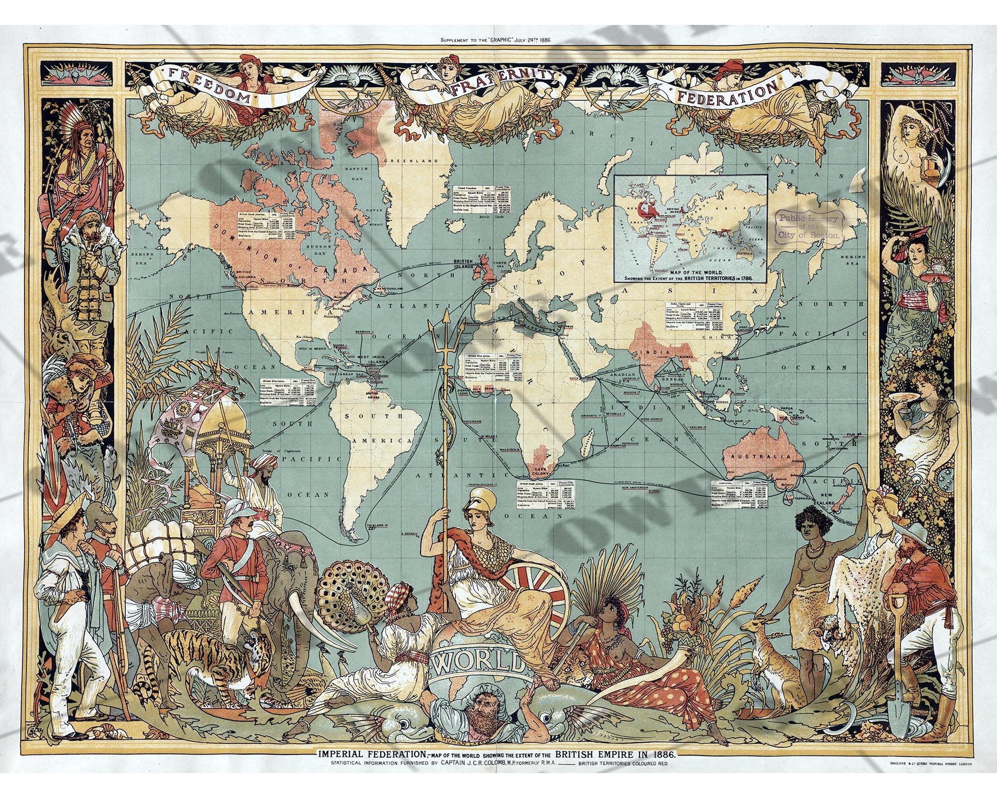 1886 年のイギリス帝国の範囲を示す帝国連邦世界地図のポスター