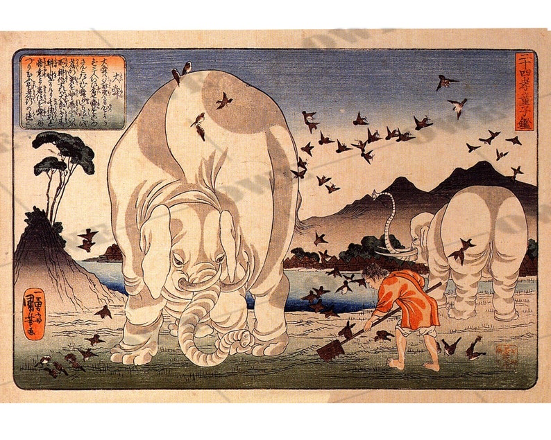 Utagawa Kuniyoshi Japanese artist Woodblock print of a Farmer with Elephants /'Thaishun with Elephants/' 1840s Asian art