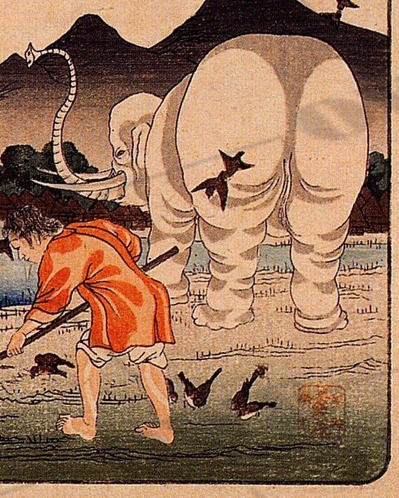Utagawa Kuniyoshi Japanese artist Woodblock print of a Farmer with Elephants /'Thaishun with Elephants/' 1840s Asian art