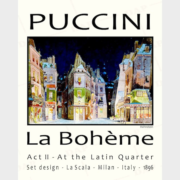 La Bohème print - Opera poster by PUCCINI 1896. The French Quarter set design  La Scala artwork printed -fine art paper ready to frame