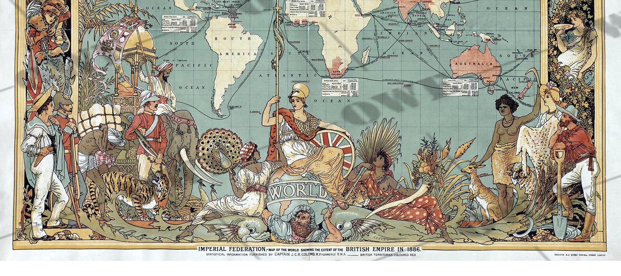 1886 年のイギリス帝国の範囲を示す帝国連邦世界地図のポスター