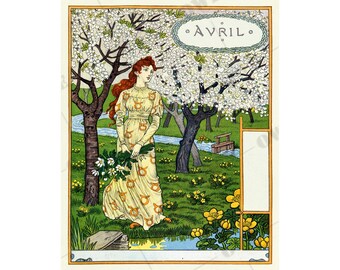 APRIL  Birthday gift - Art Nouveau wall decor - Eugene Grasset - anniversary - wedding idea