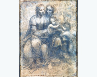 Vintage Leonardo da Vinci Print, Virgin and Child with Saint Anne and John the Baptist Religious Decor Renaissance Wall Art