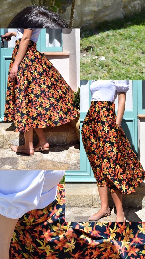 Orange Yellow Flowered Skirt Floral Patterned Skirt Black