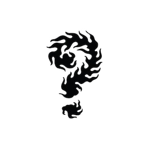 May include: A black question mark shaped like flames.