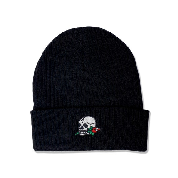 Skull and Rose Sustainable Ribbed Knit Beanie