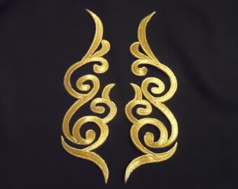 Embroidered Scroll Gold Appliques Mirror Pair Set Of 2 Metallic Iron On Patch