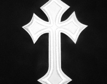 White Velvet Embroidered Iron on Cross Applique Christian Jesus