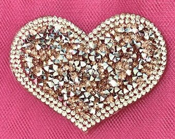 Silver Crystal Pink Rhinestone Heart Clear Patch Iron On Applique 2.5" Hot Fix