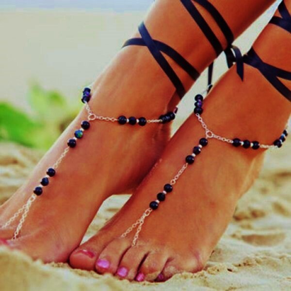 Womens Ribbon Beaded Barefoot Sandals Toe Ring Foot Jewelry Set of 2 Choose Color Black Lavender Turquoise or Red 068
