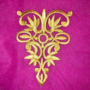 Gold Embroidered Iron On Applique Scroll Vine Motif Patch Small Yoke Bodice