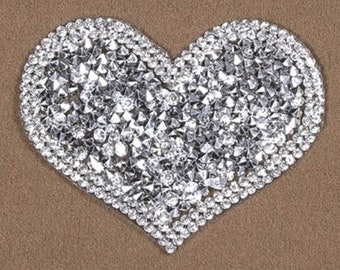 Silver Crystal Rhinestone Heart Clear Patch Iron On Applique 2.5" Hot Fix