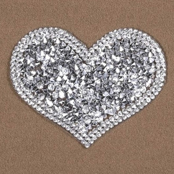 Silver Crystal Rhinestone Heart Clear Patch Iron On Applique 2.5" Hot Fix