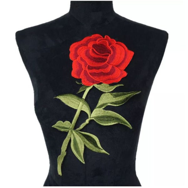 Large Rose Embroidered Applique Red Green Flower Floral Iron On DIY Patch 12"