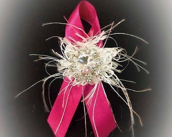 Crystal Rhinestone Pink Satin Ribbon Breast Cancer Awareness Brooch Unique