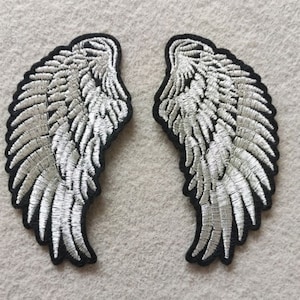 Small Embroidered Wings Silver Appliques Mirror Pair Set Of 2 Iron On Patch 3.75"