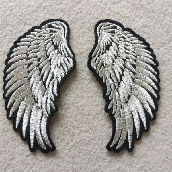 Petites Ailes Brodées Argent Appliques Miroir Paire Ensemble De 2 Fer Sur Patch 3.75"