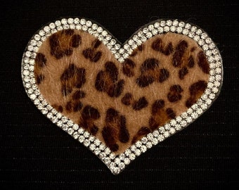 Silver Crystal Rhinestone Fuzzy Leopard Print Heart Patch Iron On Applique 2.5/"