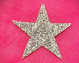 Silver Crystal Clear Rhinestone Star Patch Iron On Applique 4.25"