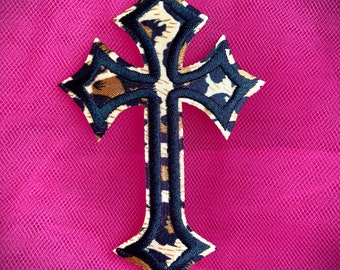Leopard Print Black Embroidered Iron On Cross Applique Christian Jesus DIY Jeans Patch ONE INDIVIDUAL