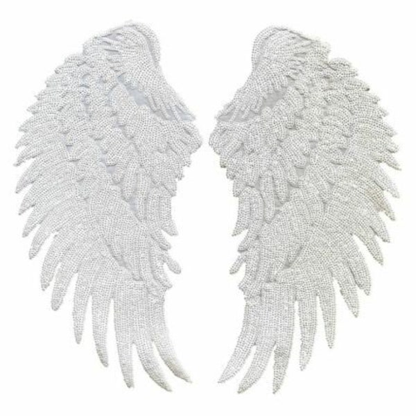 Large White Sequin Iron On Angel Wing Appliques Mirror Pair Set Of 2