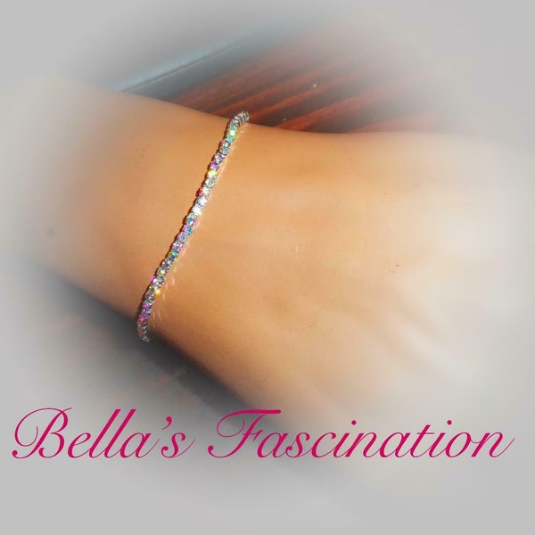 Crystal Aurora Borealis AB Rhinestone Bracelet Thin 1 Row Stretch Elastic Silver