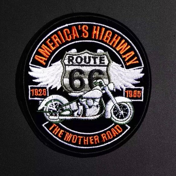 Biker Patch Iron On Embroidered Route 66 Motorcycle Jacket Applique 4.25”