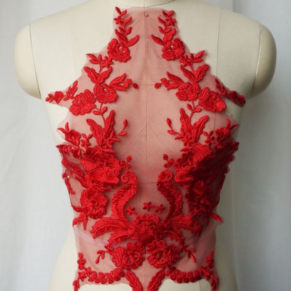 Large Red Lace Embroidered Bodice Floral Dress Applique 20"x 12.5"