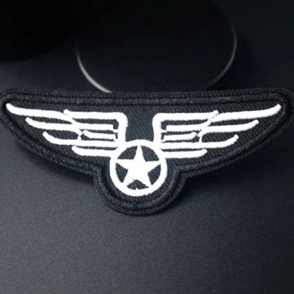 Aviator Black Circle Star Patch Iron On Embroidered Applique Pilot Wing White