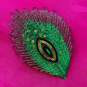 Peacock Feather Green Sequin Gold Embroidered Iron On Applique DIY Patch 4"