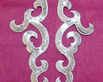 Sequin Scroll Silver Appliques Mirror Pair Set Of 2 Metallic Iron On Patch 12" Dance Team Costume