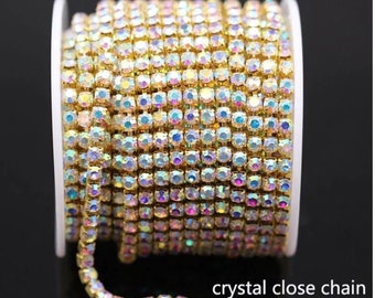 Crystal AB Aurora Rhinestone Trim Close Chain SS10 Single Row 1 YARD Gold