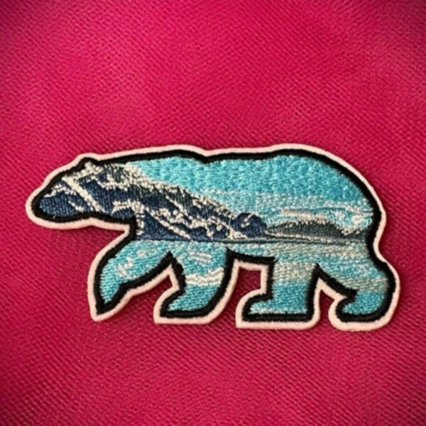 Bear Embroidered Iron On Applique Patch Blue Turquoise Mountains Glacier 3.5"