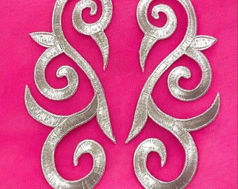 Embroidered Scroll Silver Appliques Mirror Pair Set Of 2 Metallic Iron On Patch 7"