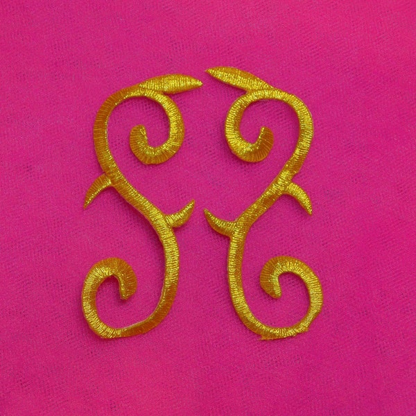 Embroidered Scroll Gold Appliques Mirror Pair Set Of 2 Metallic Iron On Patch 3"